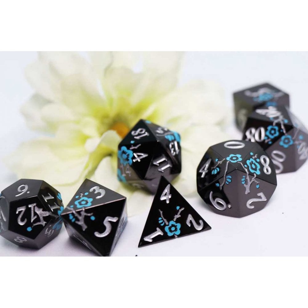 Black with Blue Orchids RPG Metal Dice Set - Beanie Games