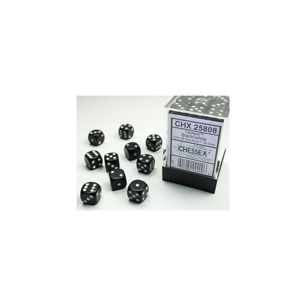 Chessex - 12mm D6 Dice Block - Black w/White - Beanie Games