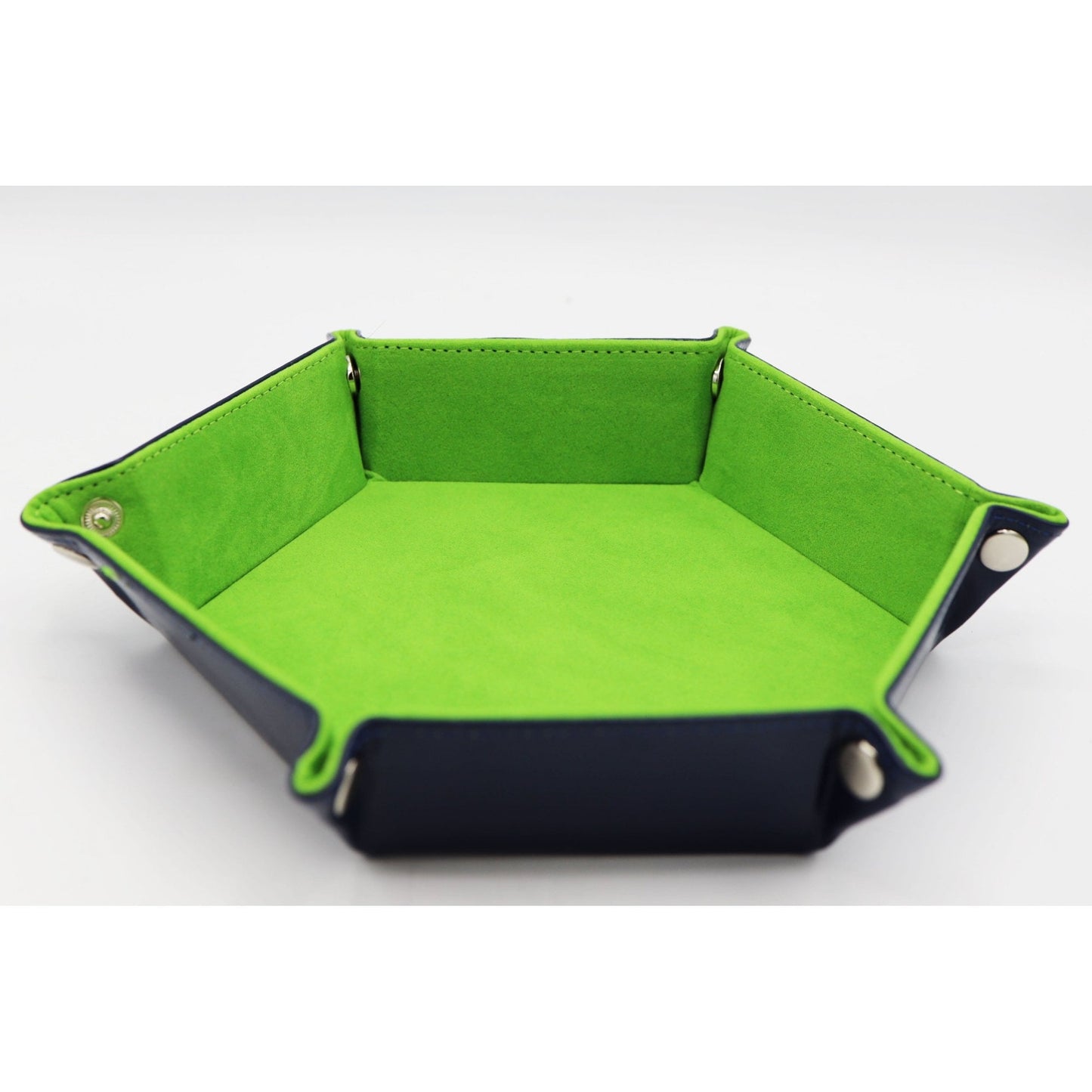 Leatherette and Velvet Hex Dice Tray (Navy with Lime) - Beanie Games