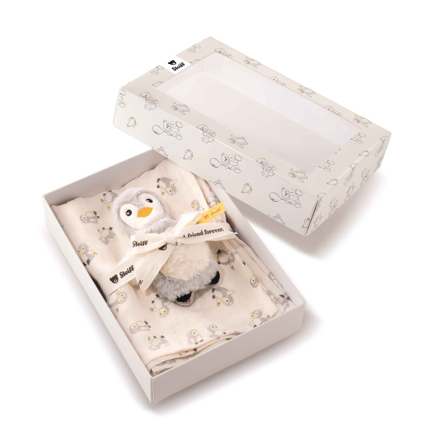 Lio Penguin Grip Toy With Rattle and Burp Cloth Gift Set - Beanie Games