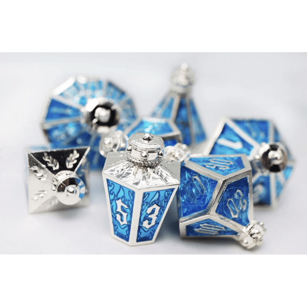 Moonlit Lantern: Silvered Frostfire - Metal RPG Dice Set - Beanie Games