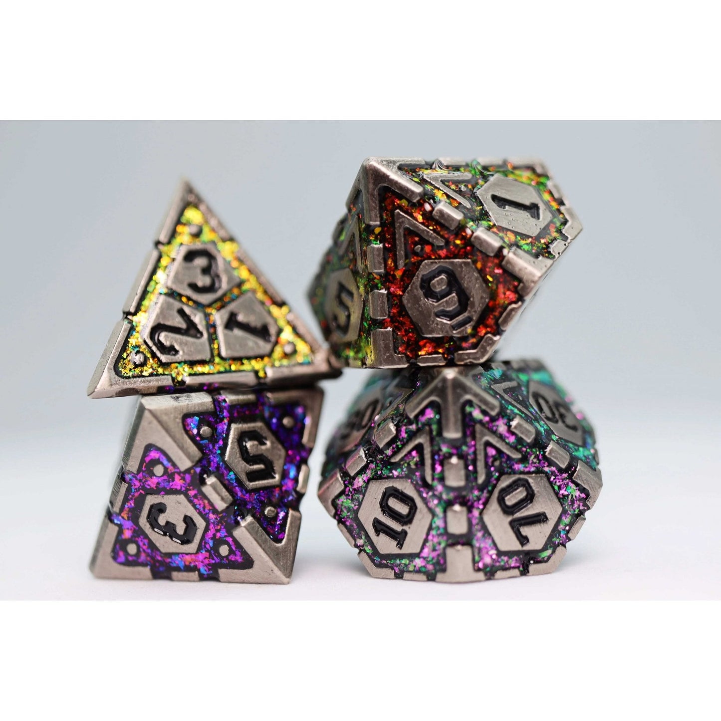 Ornate Rainbow Flame RPG Metal Dice Set - Beanie Games