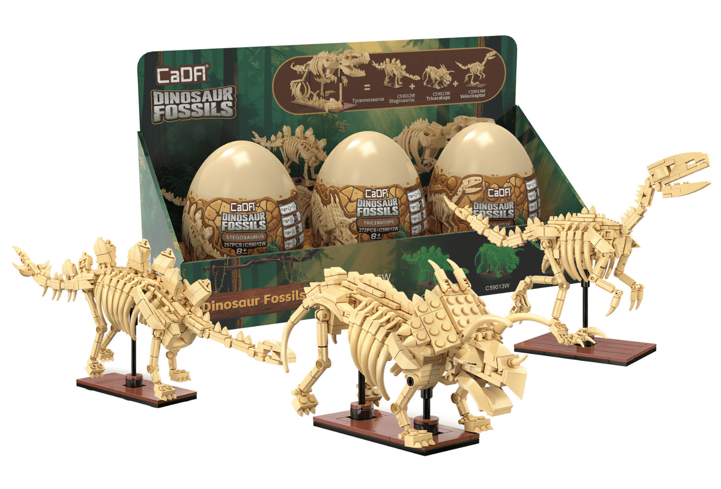 Tray of 3 Dinosaur Eggs with Stegosaurus, Triceratops & Velociraptor - Beanie Games