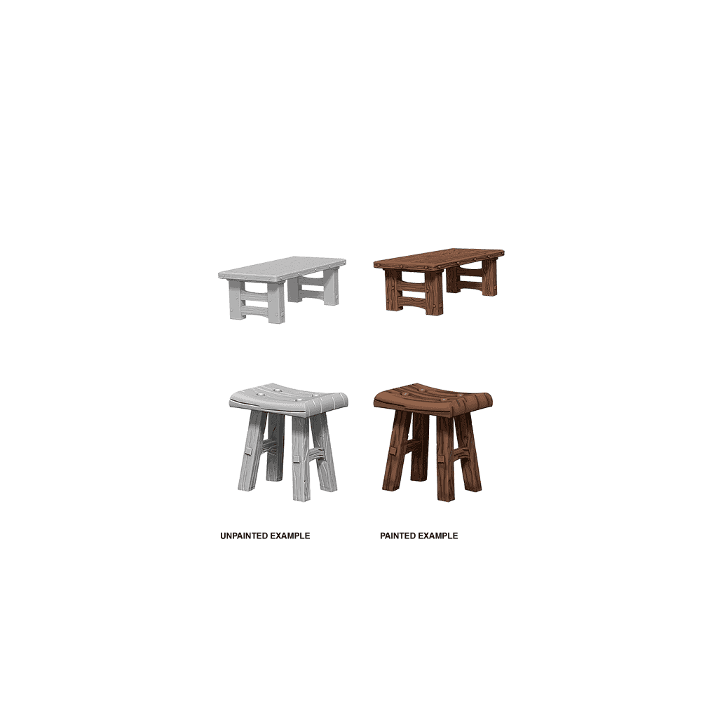 Wooden Table & Stools: Pathfinder Deep Cuts Unpainted Miniatures (W4) - Beanie Games