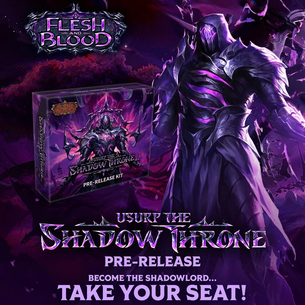 Promotional graphic for the Flesh Blood 'Usurp the Shadow Throne' pre-release kit, featuring a dark fantasy armored character and the product box on a purple background.