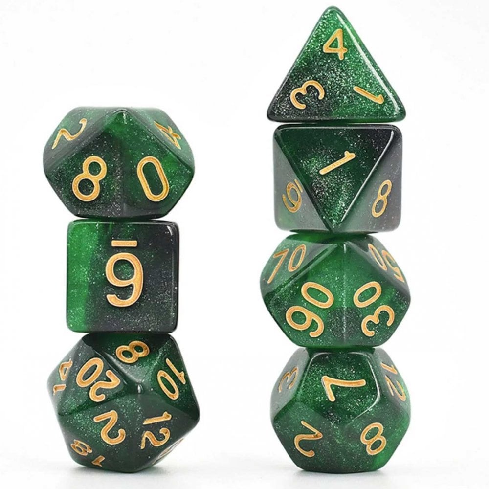 Black and Green Galaxy RPG Dice Set - Beanie Games