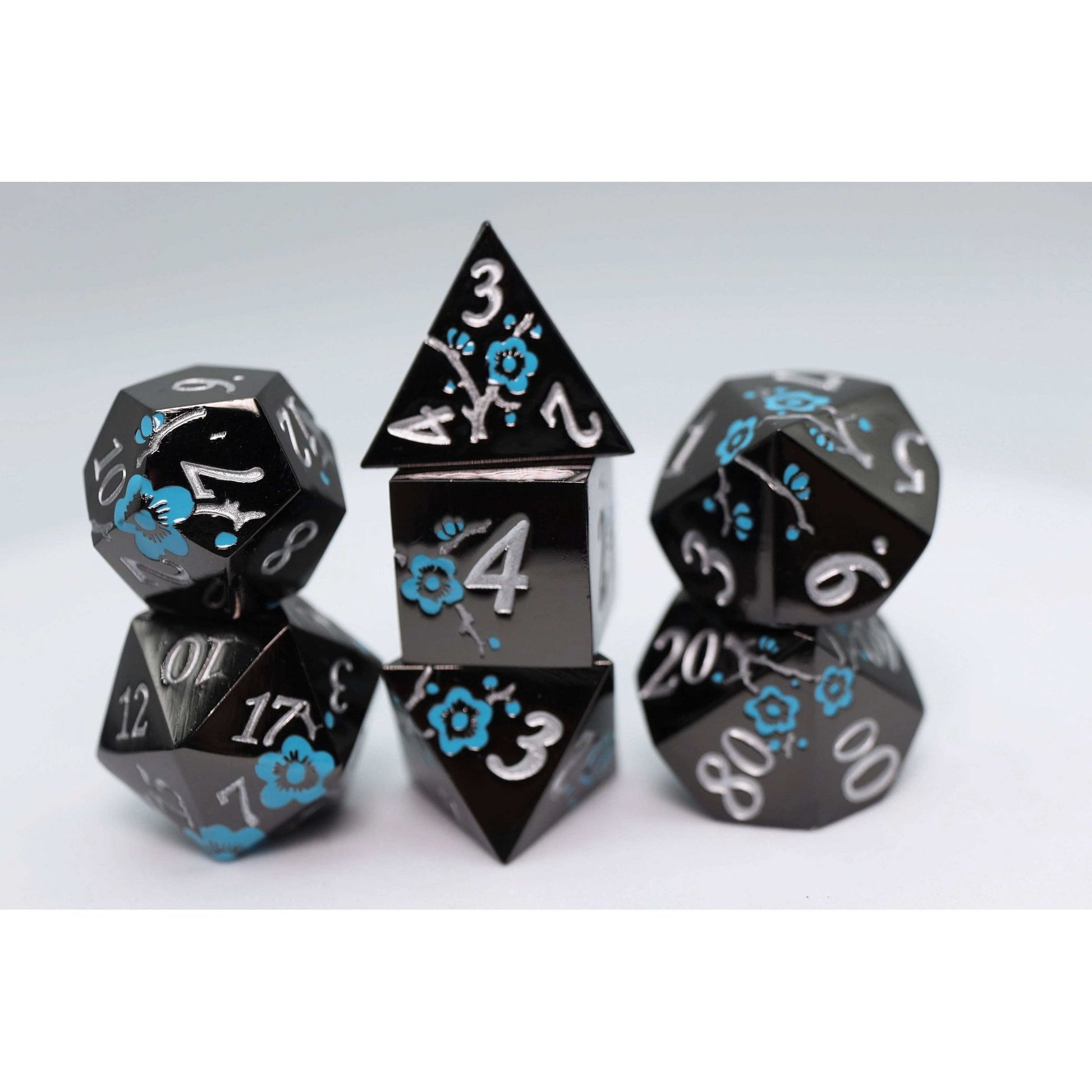 Black with Blue Orchids RPG Metal Dice Set - Beanie Games