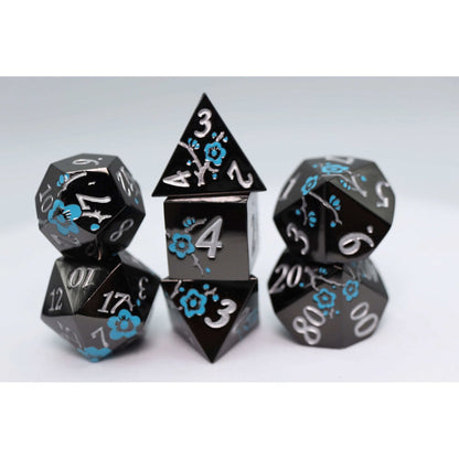 Black with Blue Orchids RPG Metal Dice Set - Beanie Games