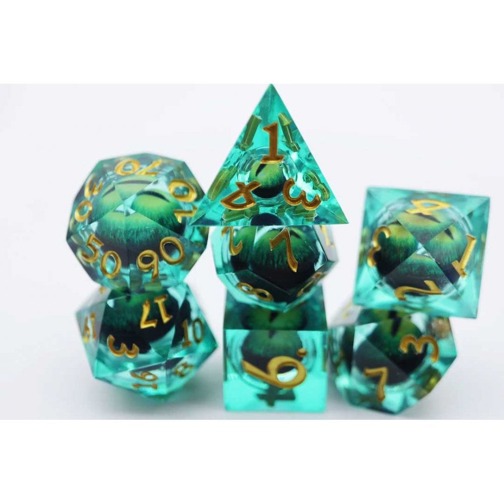Green Cyclops Sharp Edge Moving Eye RPG Dice Set - Beanie Games