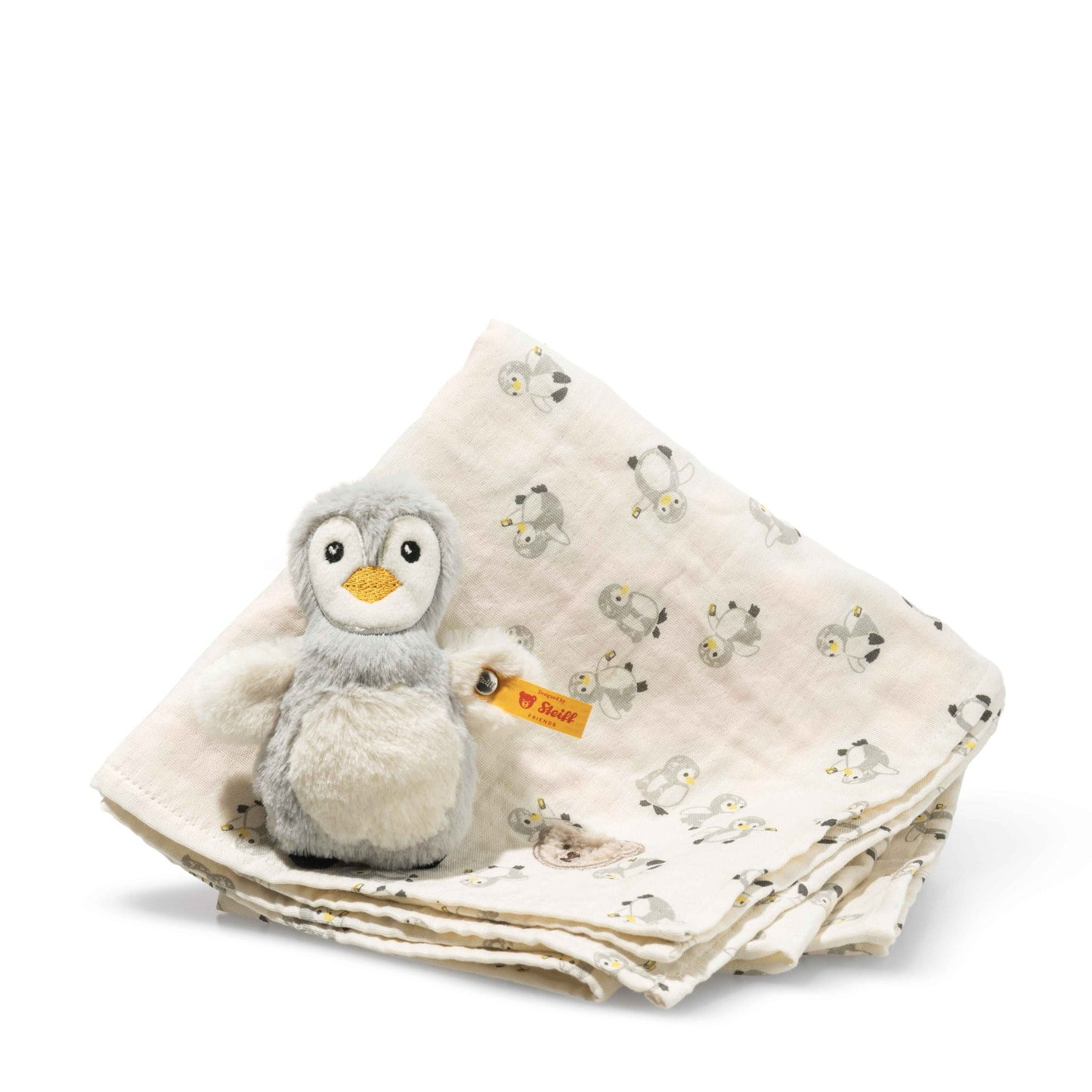 Lio Penguin Grip Toy With Rattle and Burp Cloth Gift Set - Beanie Games