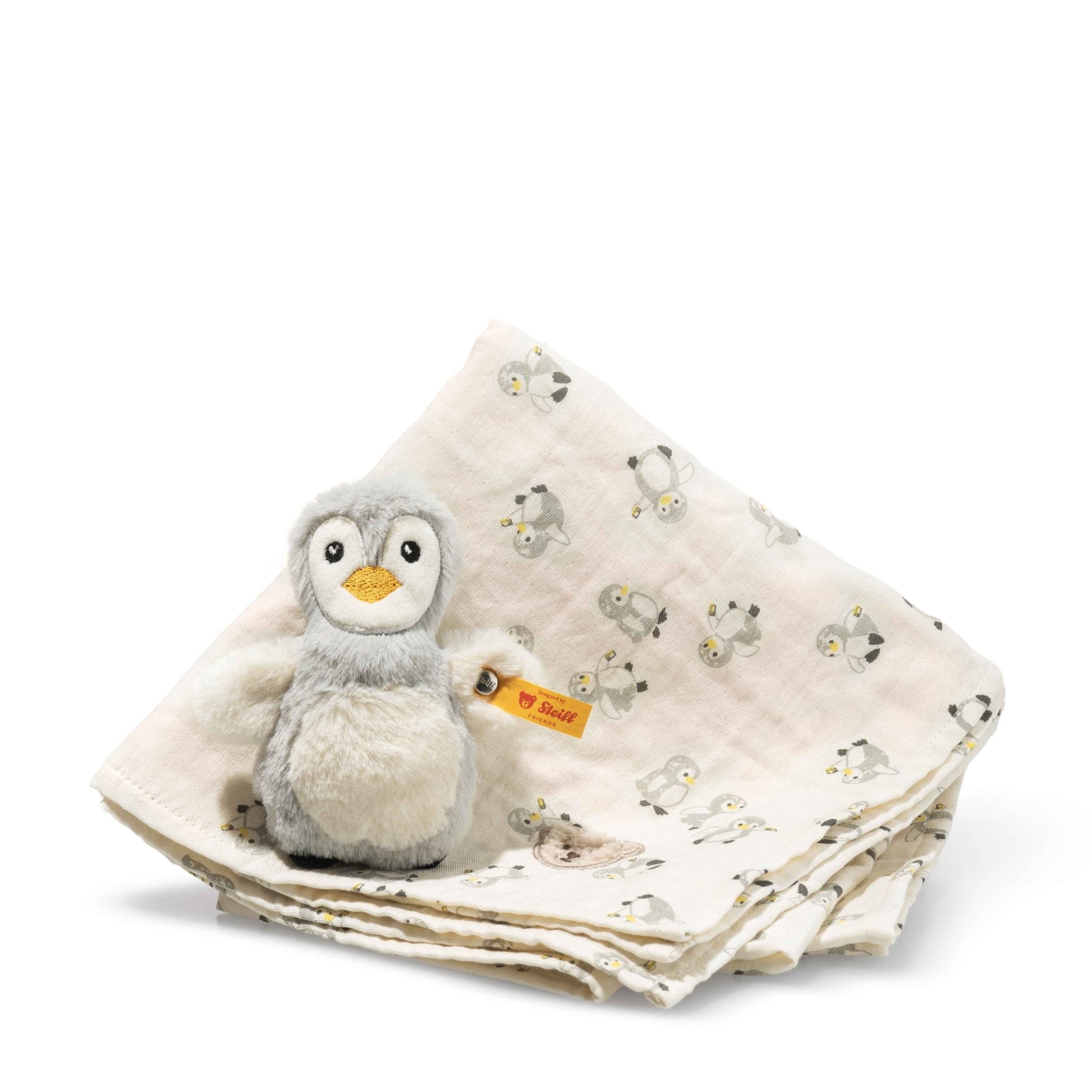 Lio Penguin Grip Toy With Rattle and Burp Cloth Gift Set - Beanie Games