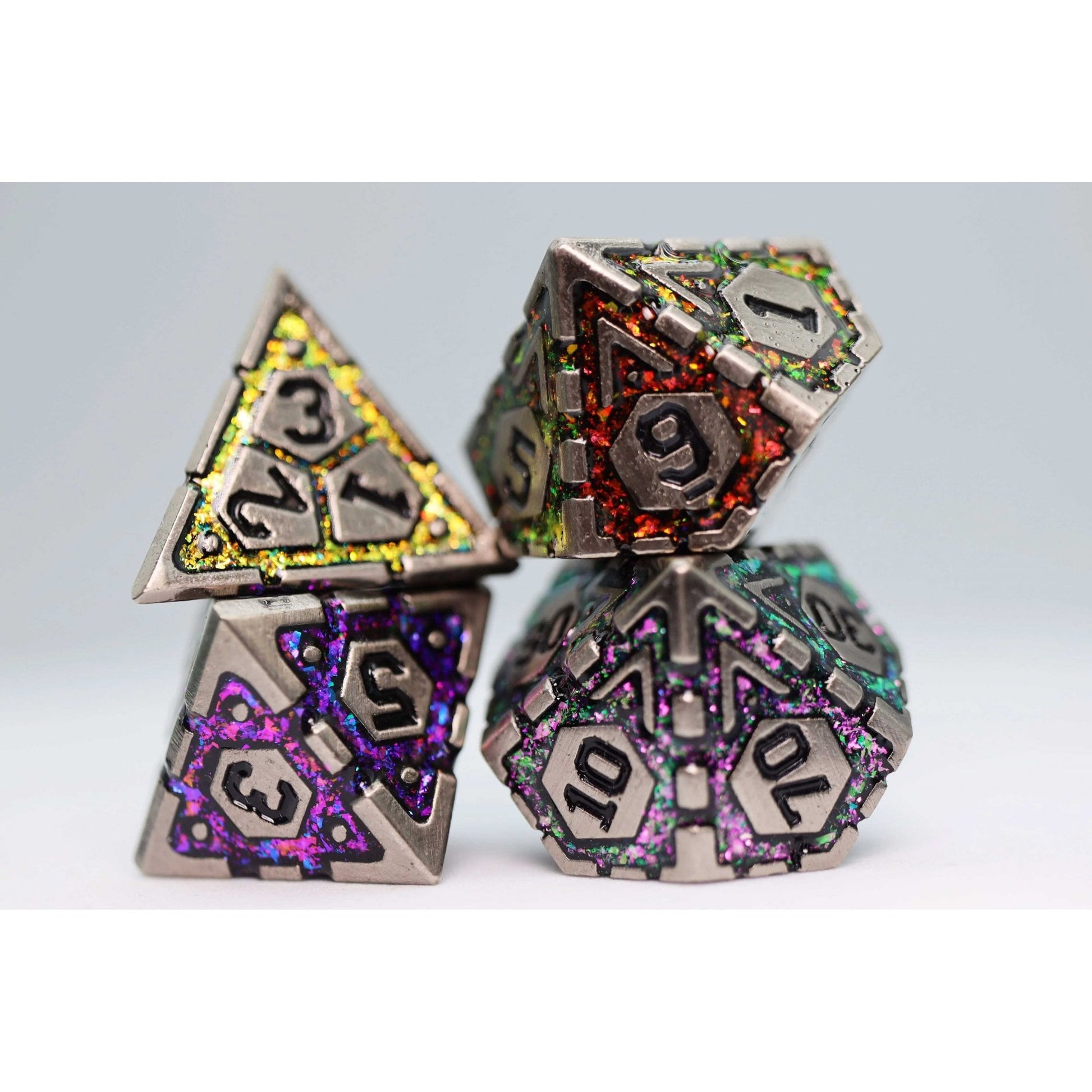Ornate Rainbow Flame RPG Metal Dice Set - Beanie Games