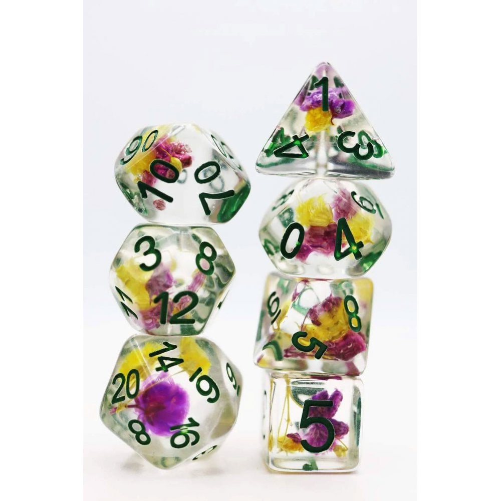 Purple and Yellow Flowers RPG Dice Set - Beanie Games