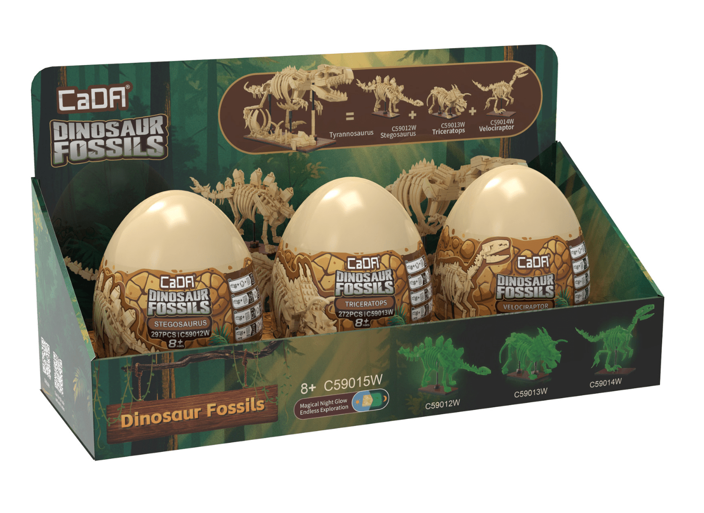 Tray of 3 Dinosaur Eggs with Stegosaurus, Triceratops & Velociraptor - Beanie Games