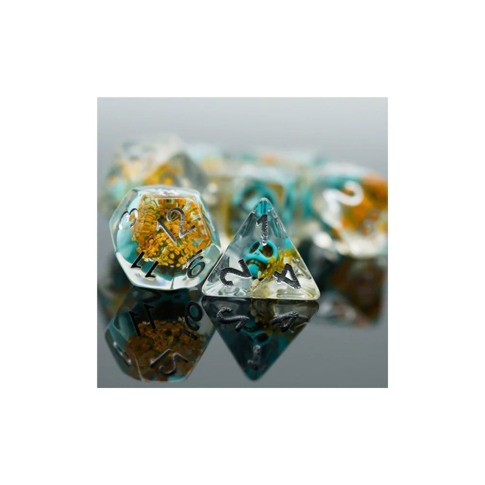 Yellow Flower with Blue Skull RPG Dice Set - Beanie Games