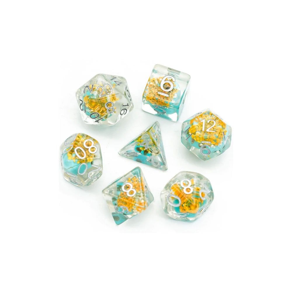 Yellow Flower with Blue Skull RPG Dice Set - Beanie Games